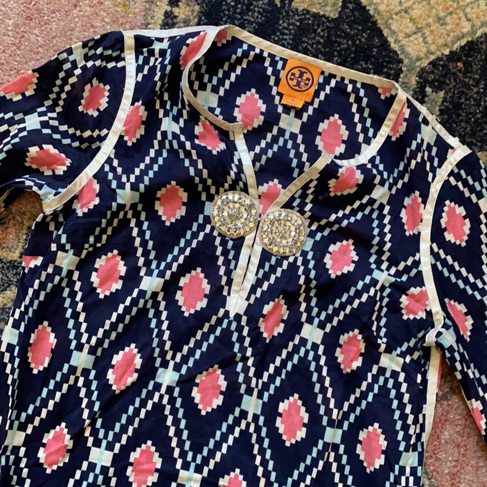 Tory Burch Navy and Pink Patterned Cotton Tunic with Rhinestone Neck